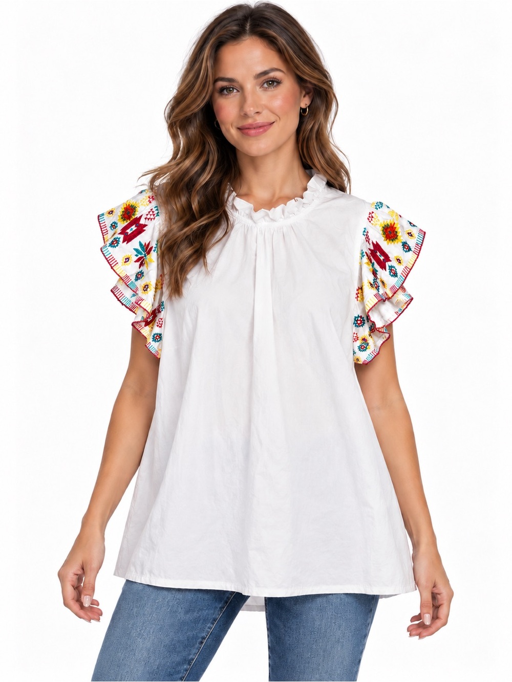 Crown & Ivy Size Medium White Embroidered Flutter Sleeve Top